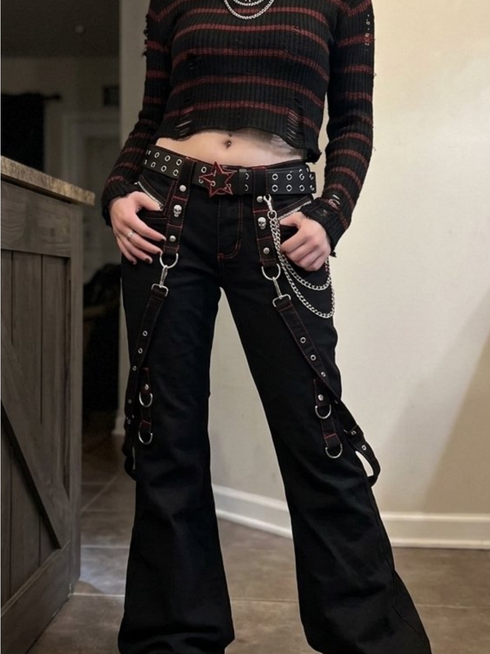 Tripp NYC Black Flared Jeans with Red Stitching and Harness Details